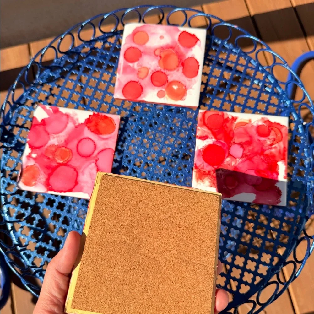 Red Alcohol Ink Coasters Set of 4, Abstract Ceramic Tile Decor